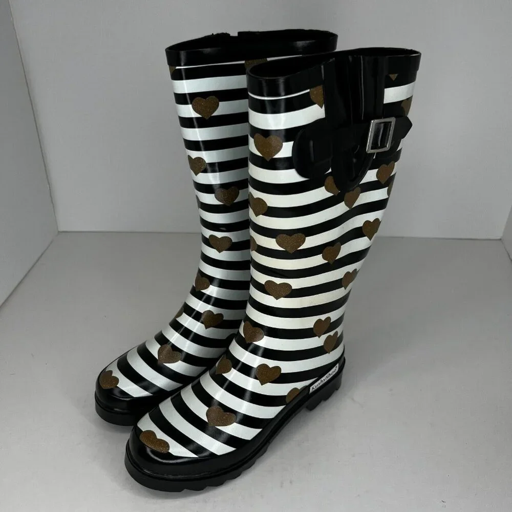 Kushyshoo Womens Black Striped Heart Rubber Mid Calf Size 7 Rain Boots